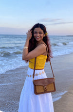 Load image into Gallery viewer, Alzira Leather cross body bag burnish cognac and tan suede

